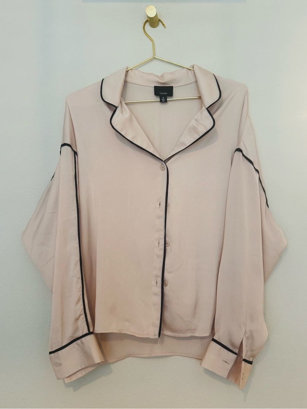 Lumiere Blush Pink Button-Down Top with Black Piping